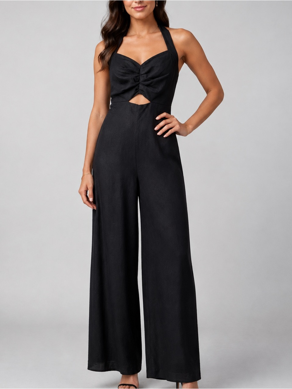 🆕🖤✨Bar III NWT Black Linen Blend Halter Cutout Wide Leg Jumpsuit Size 8 Casual